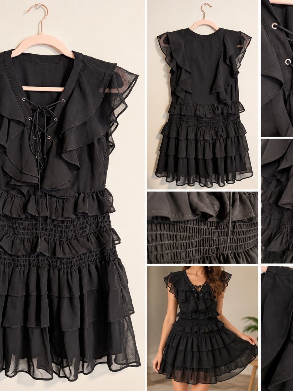 Black Ruffle Lace-Up Dress – Romantic / Boho Style